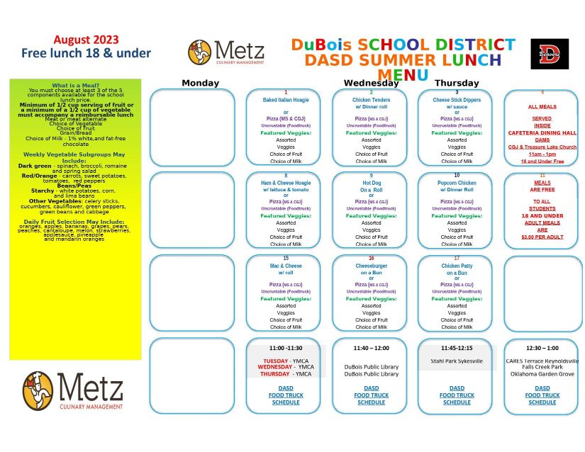 DuBois Area School District Summer Lunch Program -August Lunch Menu – Connect FM | Local News Radio - Vimarsana News